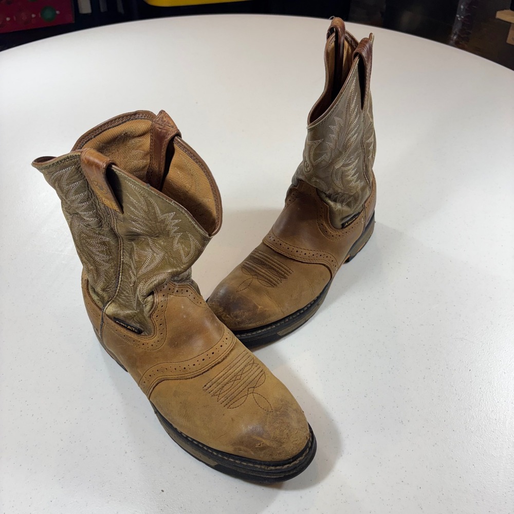 Ariat Mens 12 EE Wide WorkHog ATS Max Pull On Work Boots Brown Leather Round Toe